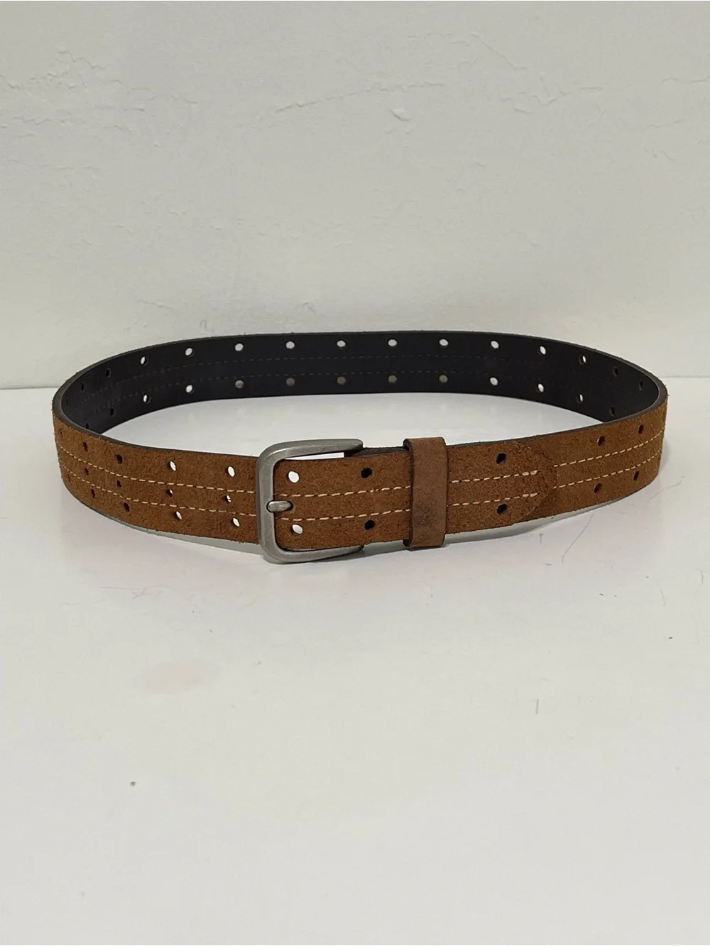 Brown Suede Leather Belt Perforated Contrast Stitching Gun Metal Buckle Youth 27